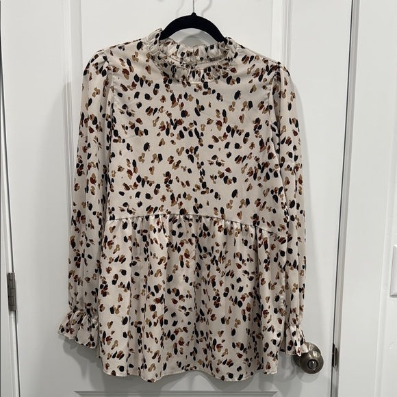 Cream and Brown Ruffled Peplum Blouse with Peter Pan Collar - Picture 1 of 2